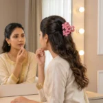 Pakistani woman at Hollywood vanity mirror wearing pink glossy plumeria hair claw clip in half-up wavy hairstyle with cream embroidered kurta