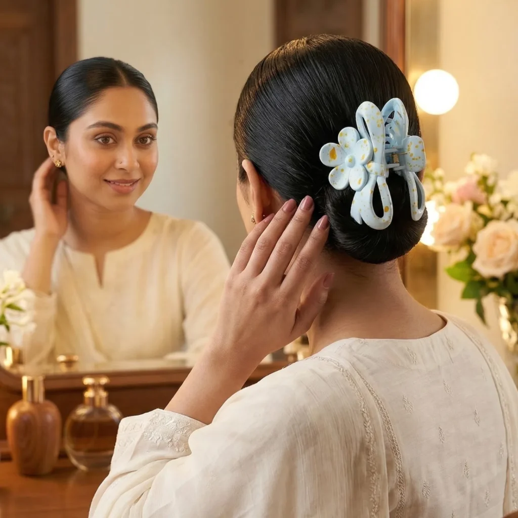 Top angle view of a light baby blue matte hair catcher with orange speckles, showcasing the strong interlocking teeth and durable metal spring mechanism.