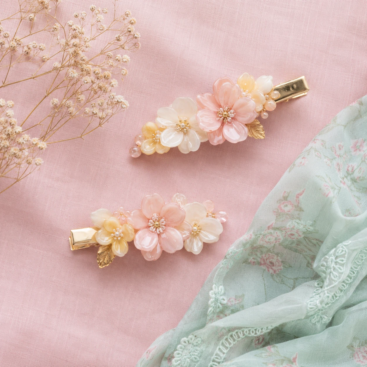 Floral hair clips Pakistan – pink resin flower hair clips on pink fabric with mint green lawn dupatta by Applique Threads
