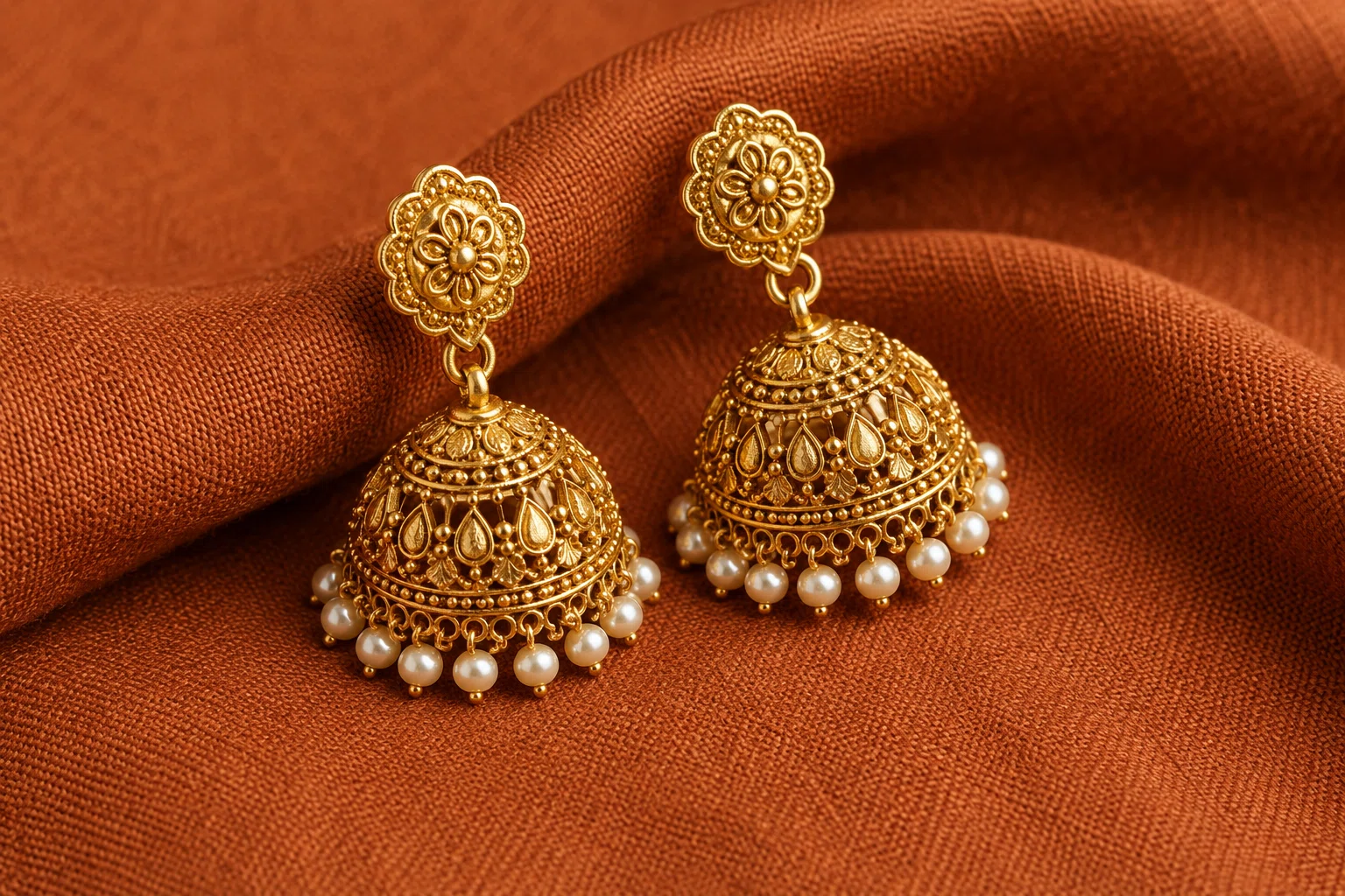 Gold jhumka earrings Pakistan – traditional antique gold jhumkas with pearl drops on terracotta fabric by Applique Threads