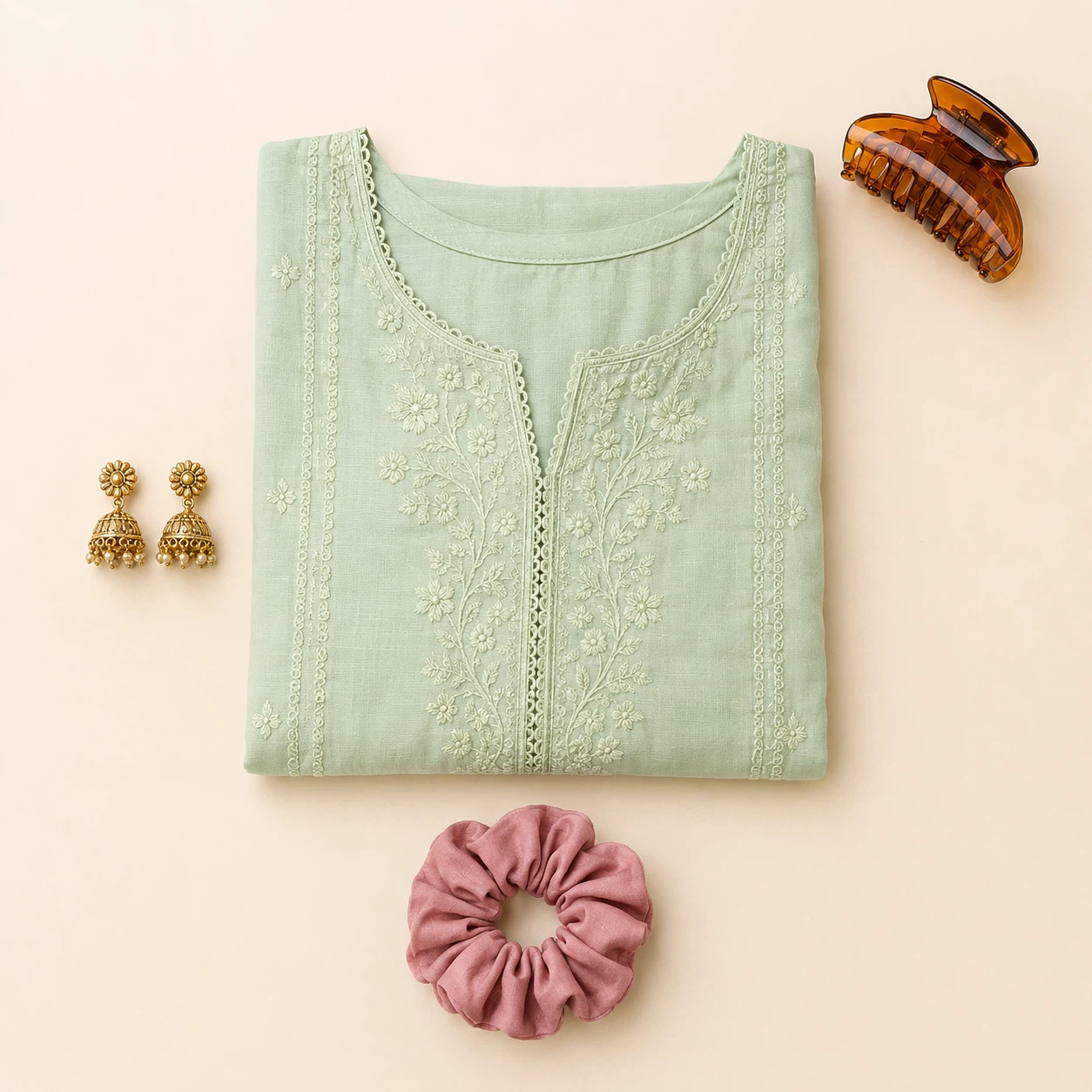 Hair accessories Pakistan outfit flatlay – gold jhumkas, amber claw clip and pink scrunchie styled with mint green embroidered kameez by Applique Threads
