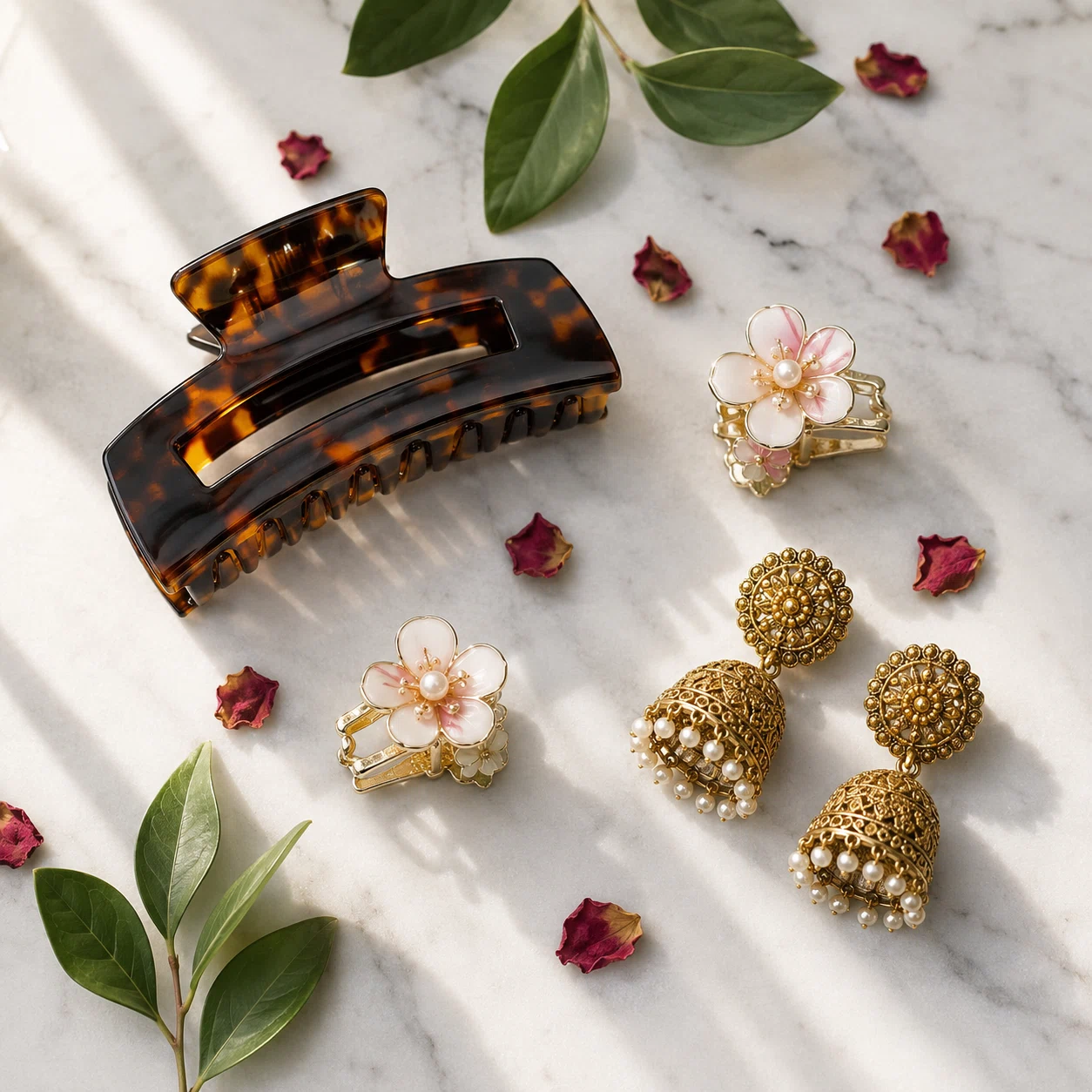 Hair accessories Pakistan – tortoiseshell claw clip, floral hair clips and gold jhumka earrings flat lay by Applique Threads