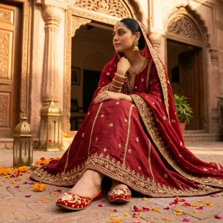 Pakistani bride sitting in Mughal haveli courtyard wearing red velvet gold zardozi khussa jutti with bridal maroon lehenga and marigold petals — bridal khussa online Pakistan — Applique Threads
