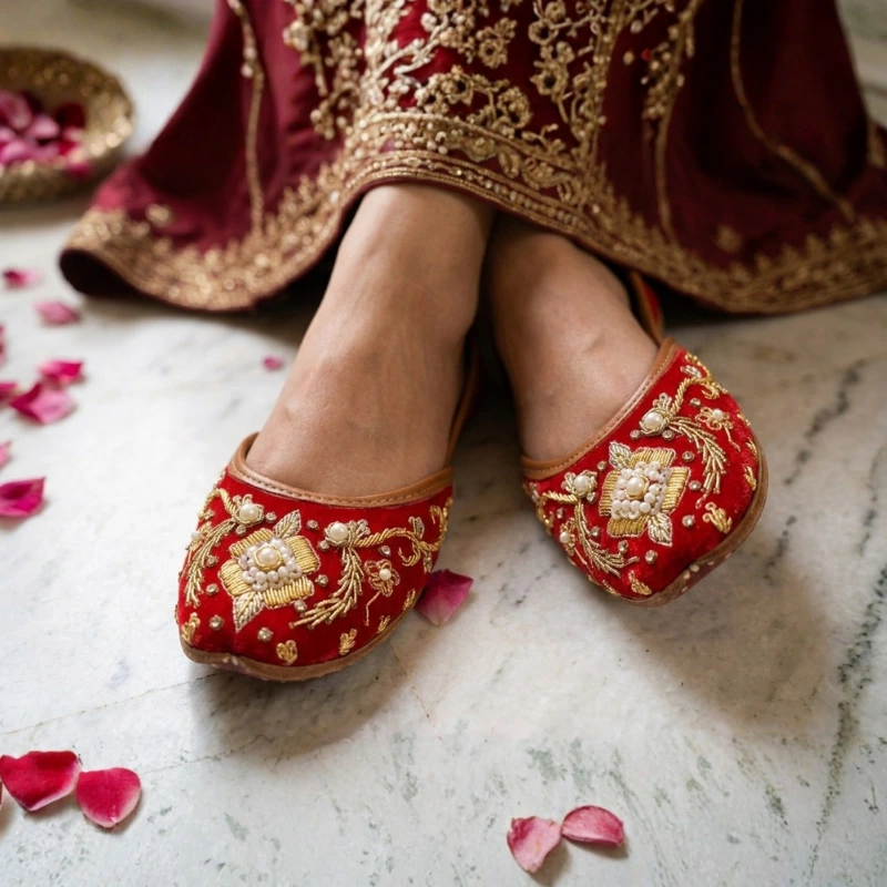 Close-up of red velvet khussa jutti with gold zardozi embroidery and pearl bead clusters on white marble floor with rose petals — buy handcrafted khussa jutti online Pakistan — Applique Threads