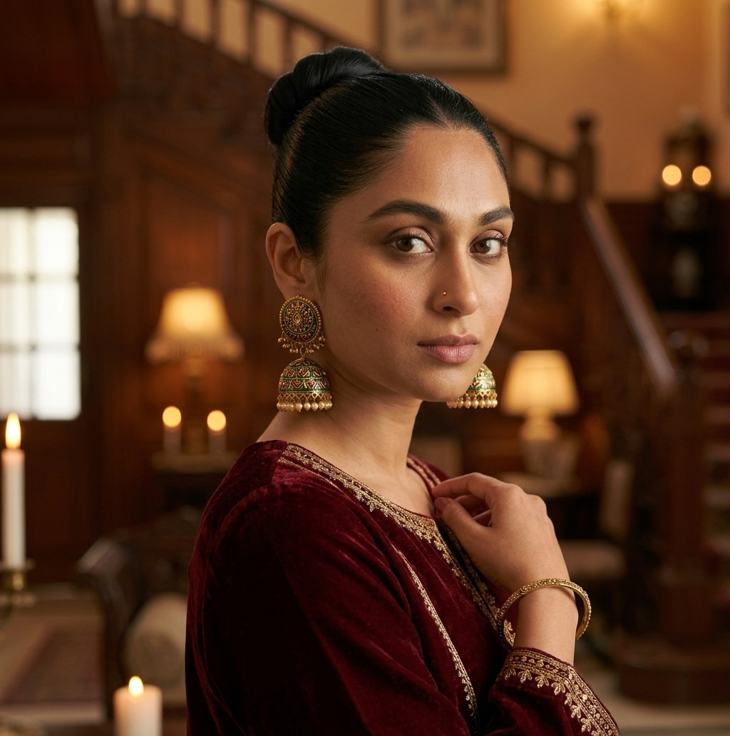 Pakistani woman in maroon velvet suit wearing large antique gold meenakari jhumka earrings at wooden staircase — buy gold jhumkay online Pakistan — Applique Threads