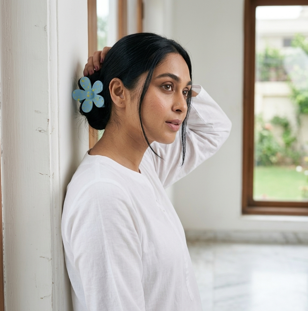 Pakistani woman wearing baby blue paint splatter floral hair claw clip in low bun with casual white lawn suit — hair clips for Pakistani outfits — Applique Threads