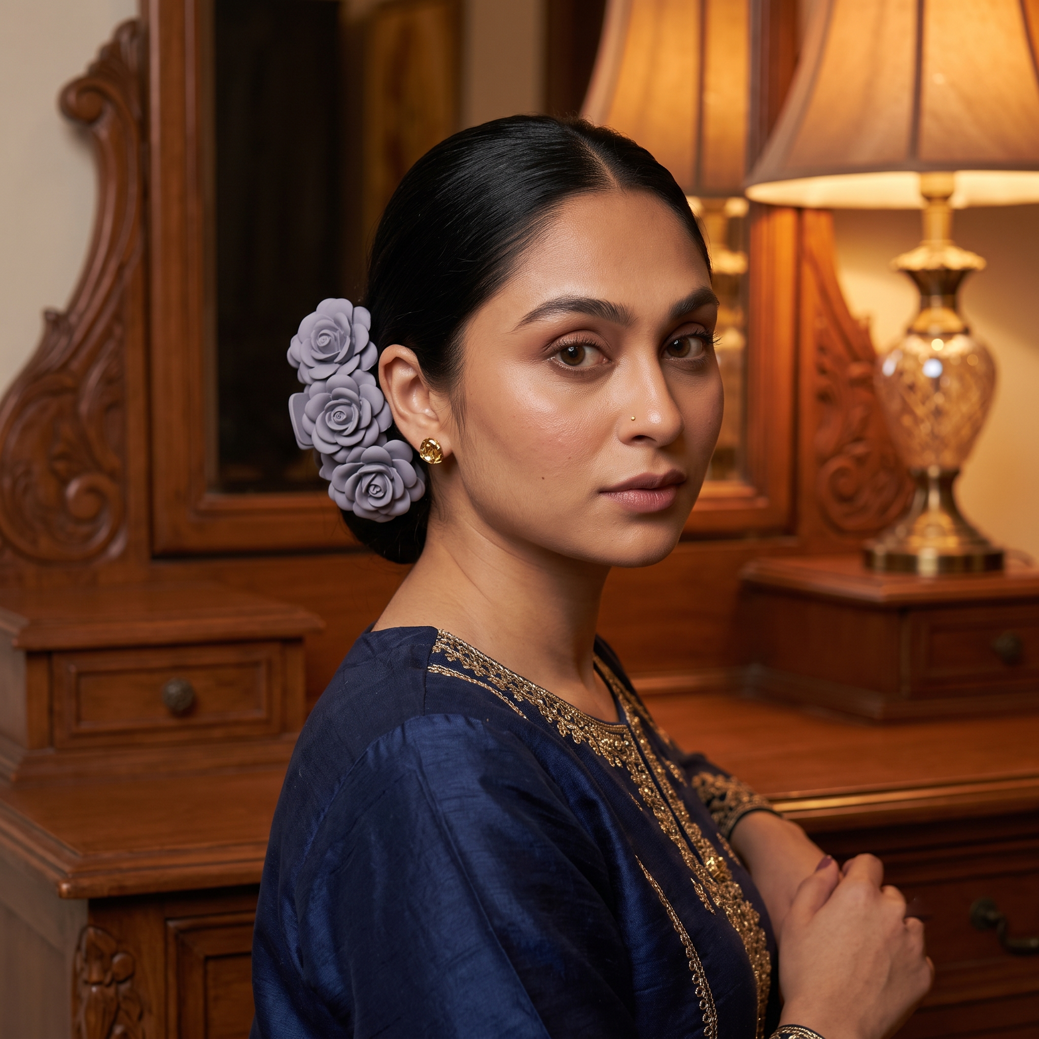 Pakistani woman wearing grey flower cluster claw clip in sleek low bun with formal embroidered suit — how to style hair clips with Pakistani outfits — Applique Threads