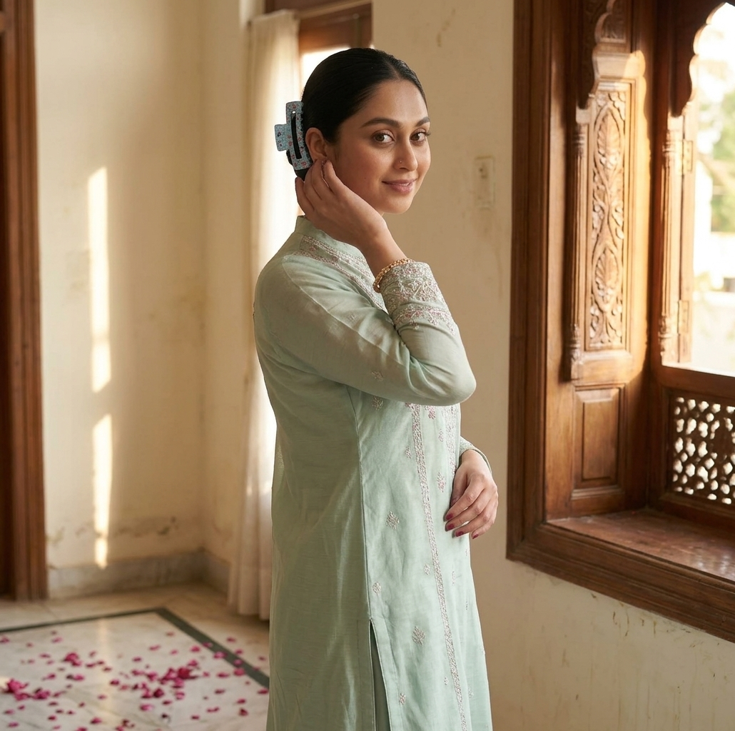 Pakistani woman styling a hair claw clip with embroidered shalwar kameez — how to style hair clips with Pakistani outfits — Applique Threads
