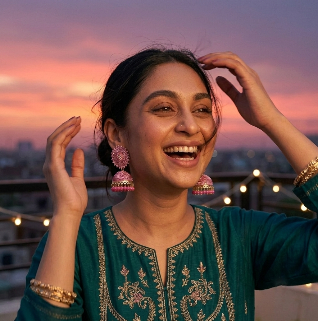 Joyful Pakistani woman wearing pink and gold jhumka earrings laughing on rooftop at Eid sunset 2027 — shop jhumkay online Pakistan Cash on Delivery — Applique Threads
