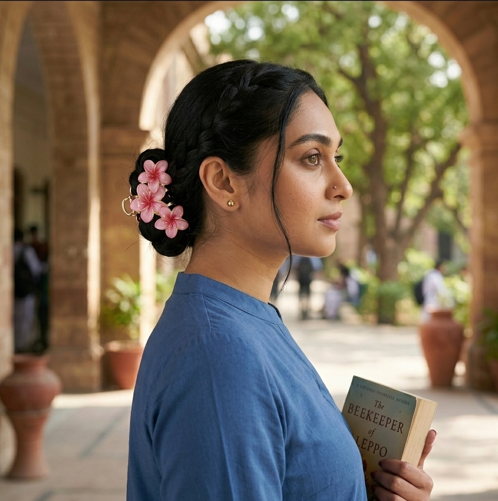 Pakistani university girl wearing pink glossy plumeria hair claw clip in braided bun with casual blue kurta — hair clips for Pakistani outfits — Applique Threads