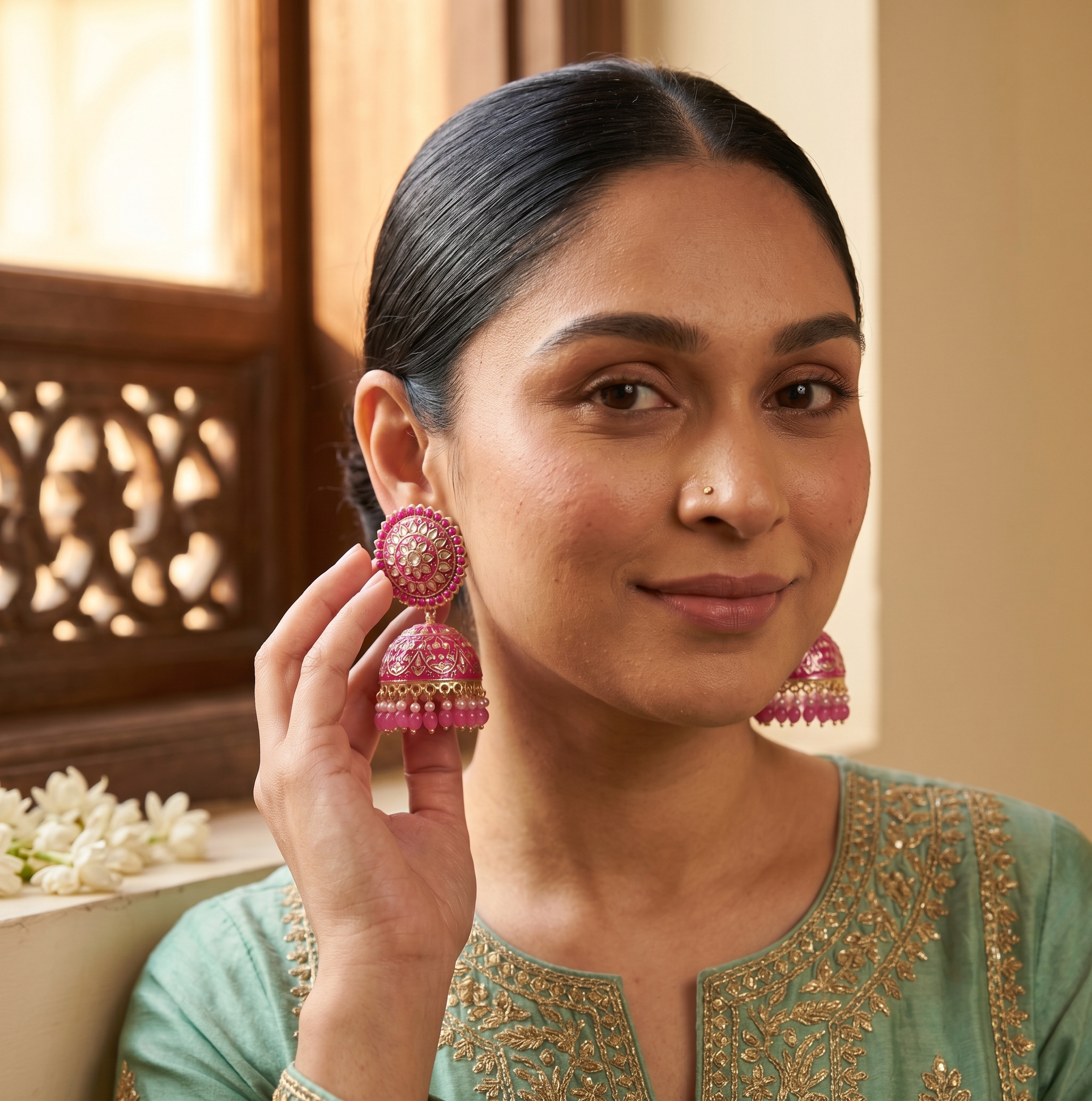 Close-up of Pakistani woman wearing hot pink meenakari jhumka earring with beaded dome and pink bead drops — girls pink jhumka earrings online Pakistan — Applique Threads