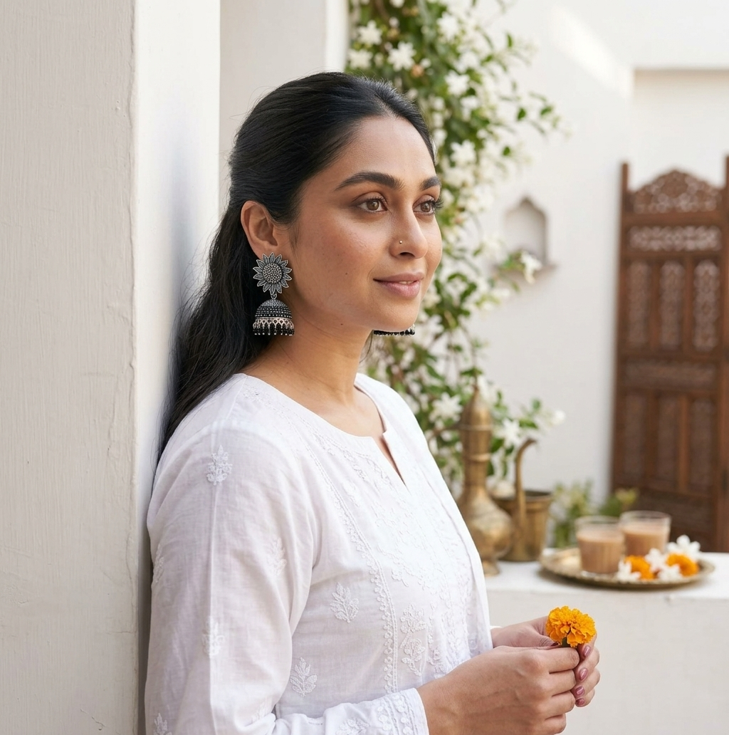 Pakistani woman in white chikankari suit wearing silver oxidised sunflower jhumka earrings in courtyard on Eid morning 2027 — buy silver jhumkay online Pakistan — Applique Threads