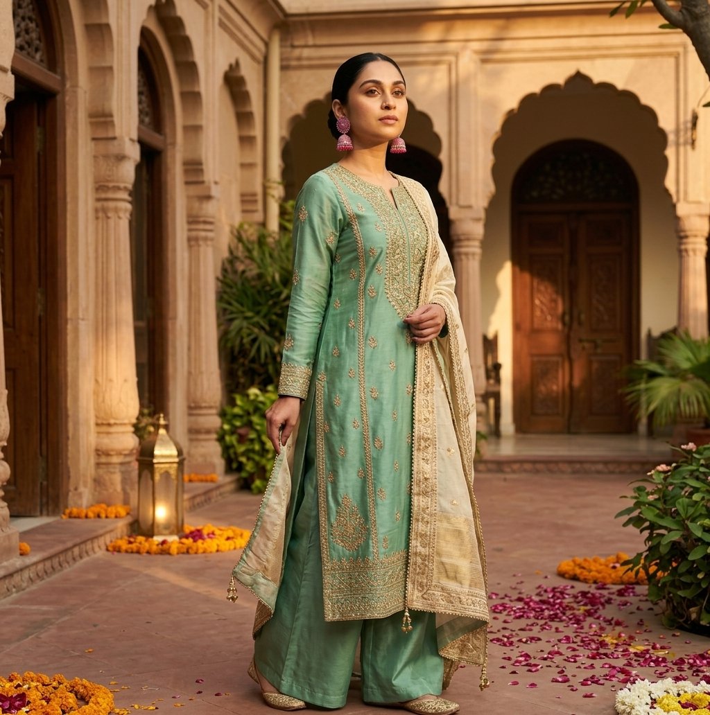 Pakistani woman wearing pink meenakari jhumka earrings in traditional haveli courtyard at golden hour for Eid 2027 — buy jhumka earrings online Pakistan — Applique Threads